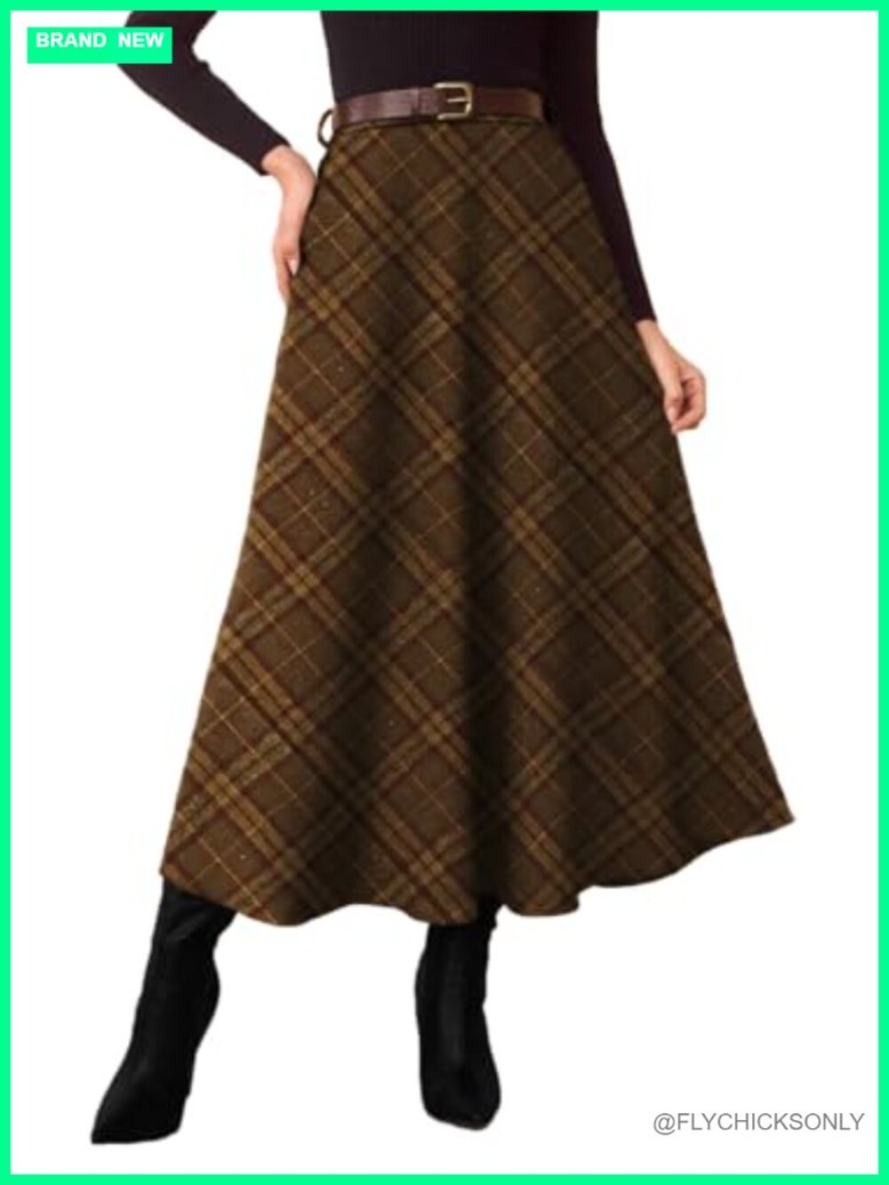 Plaid A-Line Midi Skirt High Waist Flared Tartan Pockets 100% Polyester